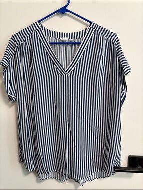 GAP Blue and White Vertical Stripe V-Neck Blouse